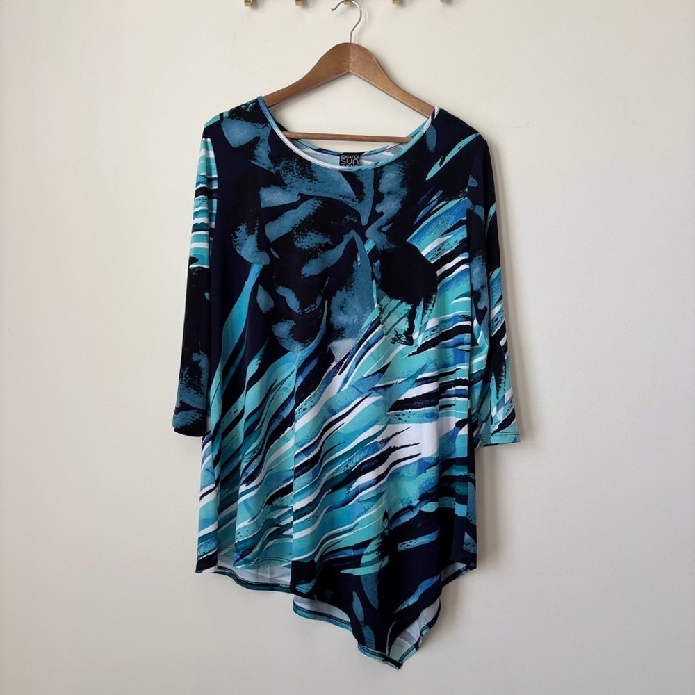 Clara Sunwoo Blue Mixed Print Asymmetrical Tunic Top Large